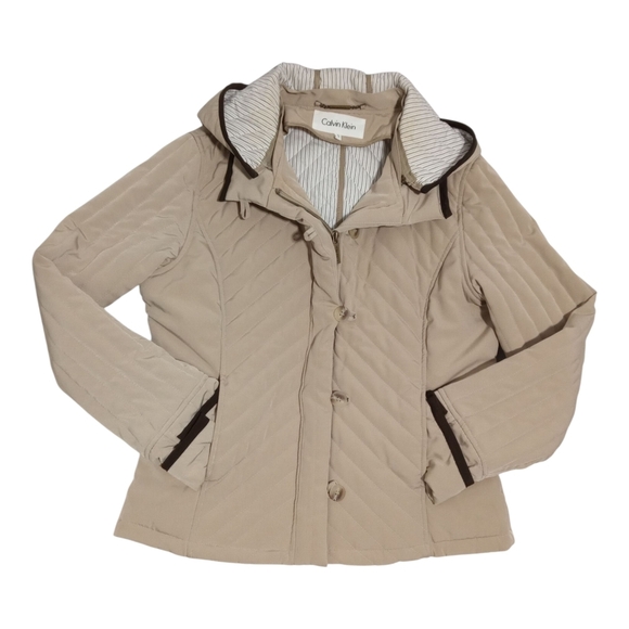 Calvin Klein Women’s Quilted Hooded Beige Zip Button Hook Closure Jacket Small - Picture 2 of 12